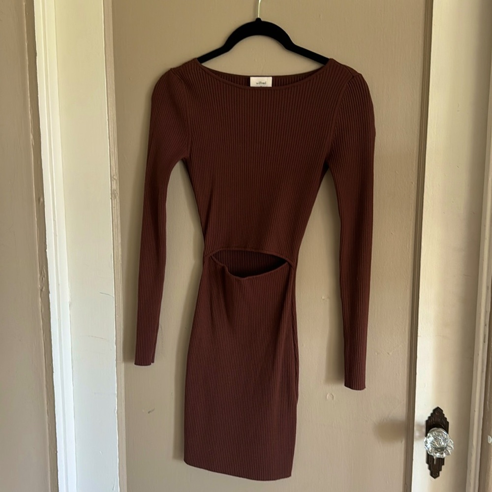 Aritzia Wilfred Ribbed Chocolate brown mini dress with cutout